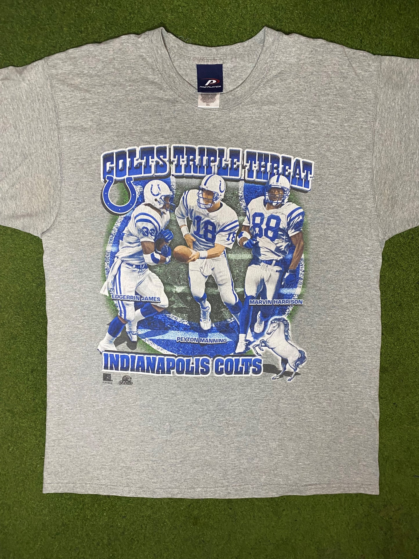 00's Indianapolis Colts - Triple Threat Ft. Manning, James, Harrison - Vintage NFL Player T-Shirt (Large) - Gametime Vintage