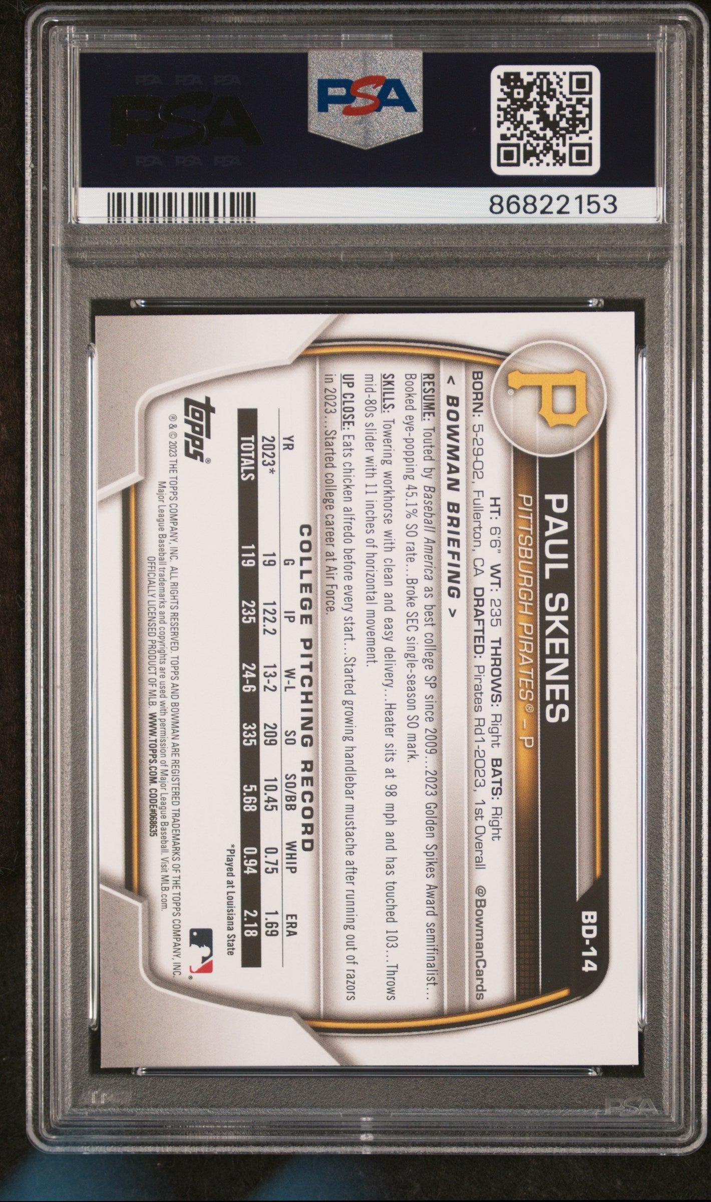 Graded 2023 Topps Bowman Draft Paul Skenes #BD14 Rookie RC Baseball Card PSA 10 Gem Mint