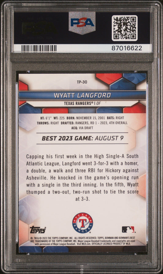 Graded 2023 Topps Bowmans Best Wyatt Langford #TP30 Top Prospects Wave Rookie RC Baseball Card PSA 10 Gem Mint