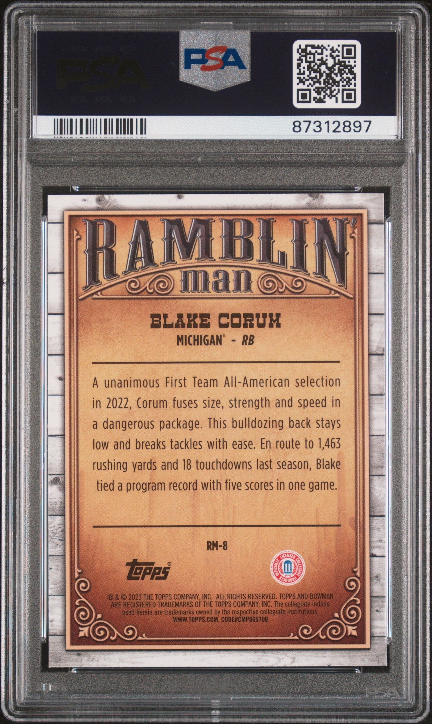 Graded 2023 Topps Bowman U Chrome Blake Corum #RM8 Ramblin Man Rookie RC Football Card PSA 10 Gem Mint