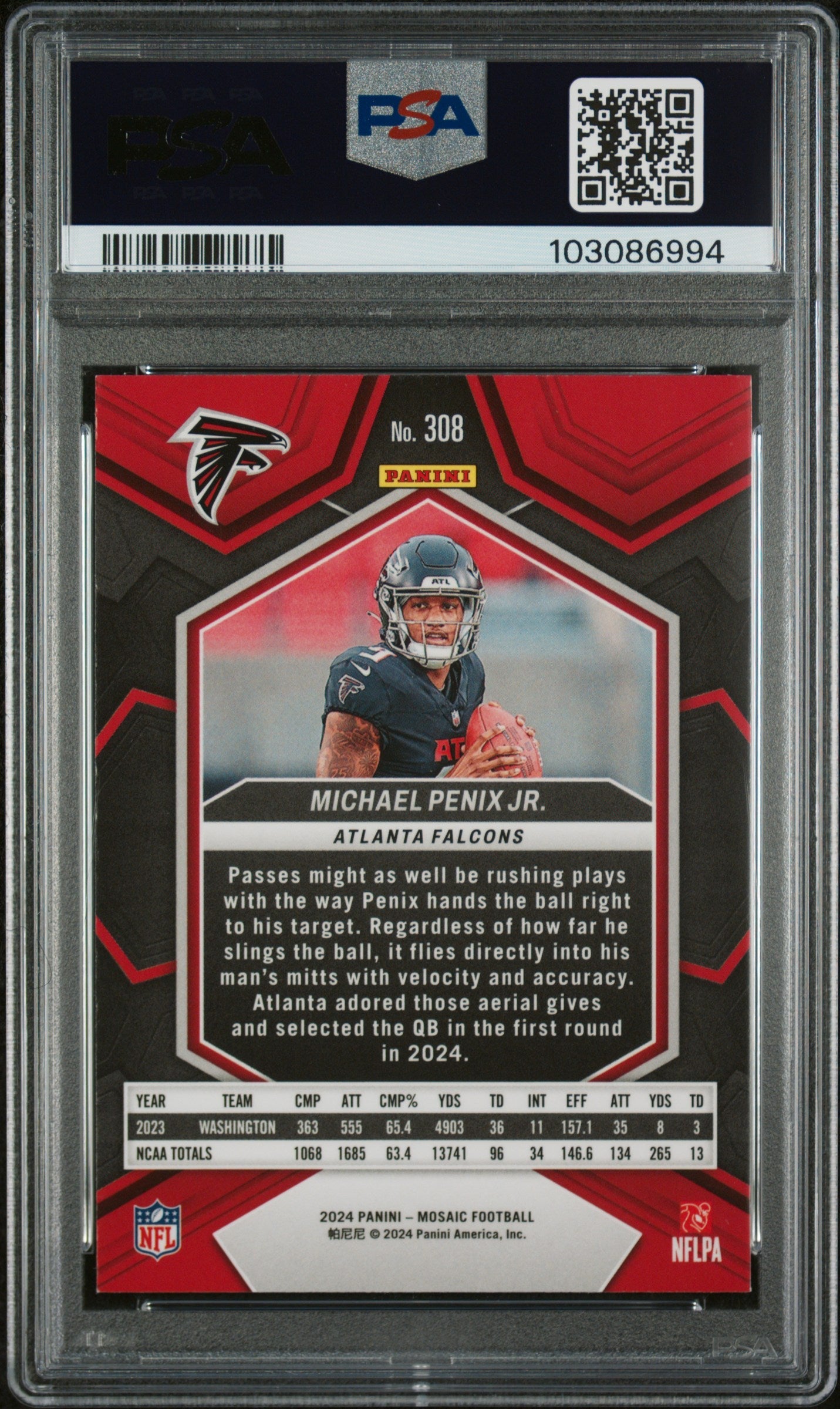 Graded 2024 Panini Mosaic Michael Penix Jr #308 Rookie RC Football Card PSA 10 Gem Mint