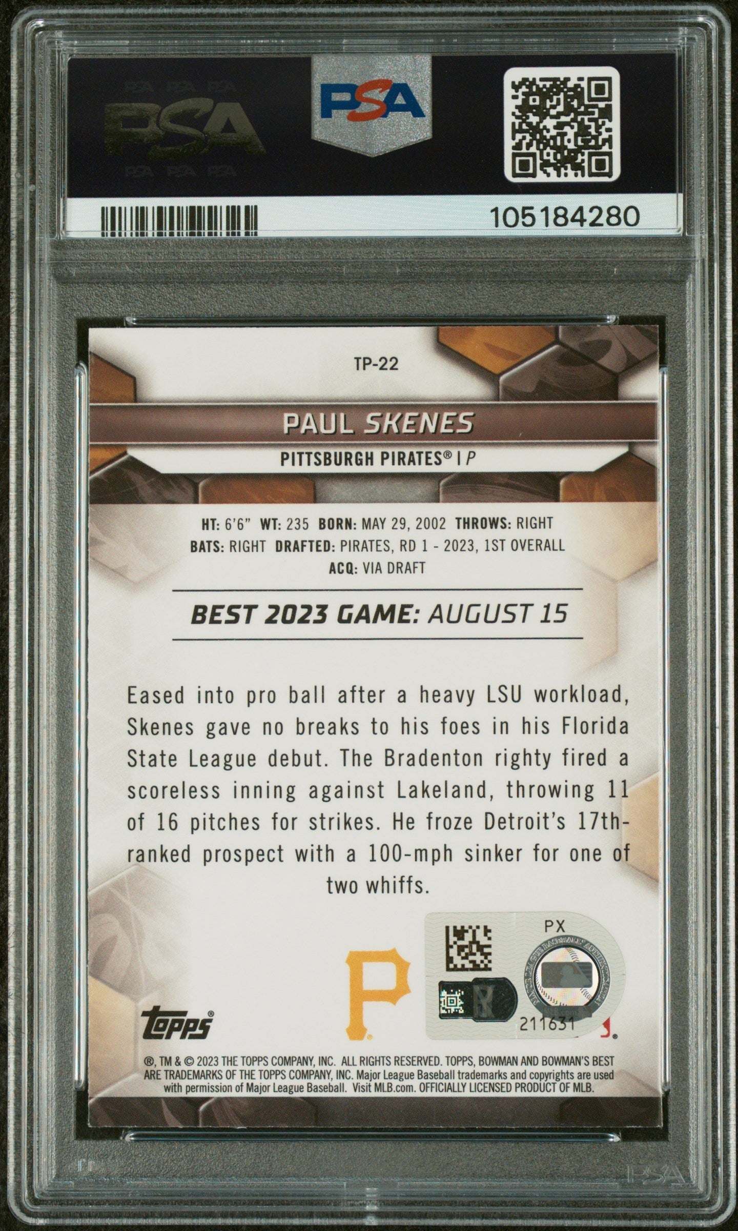 Graded 2023 Topps Bowmans Best Paul Skenes #TP22 Top Prospects Rookie RC Baseball Card PSA 9 Auto Grade Mint