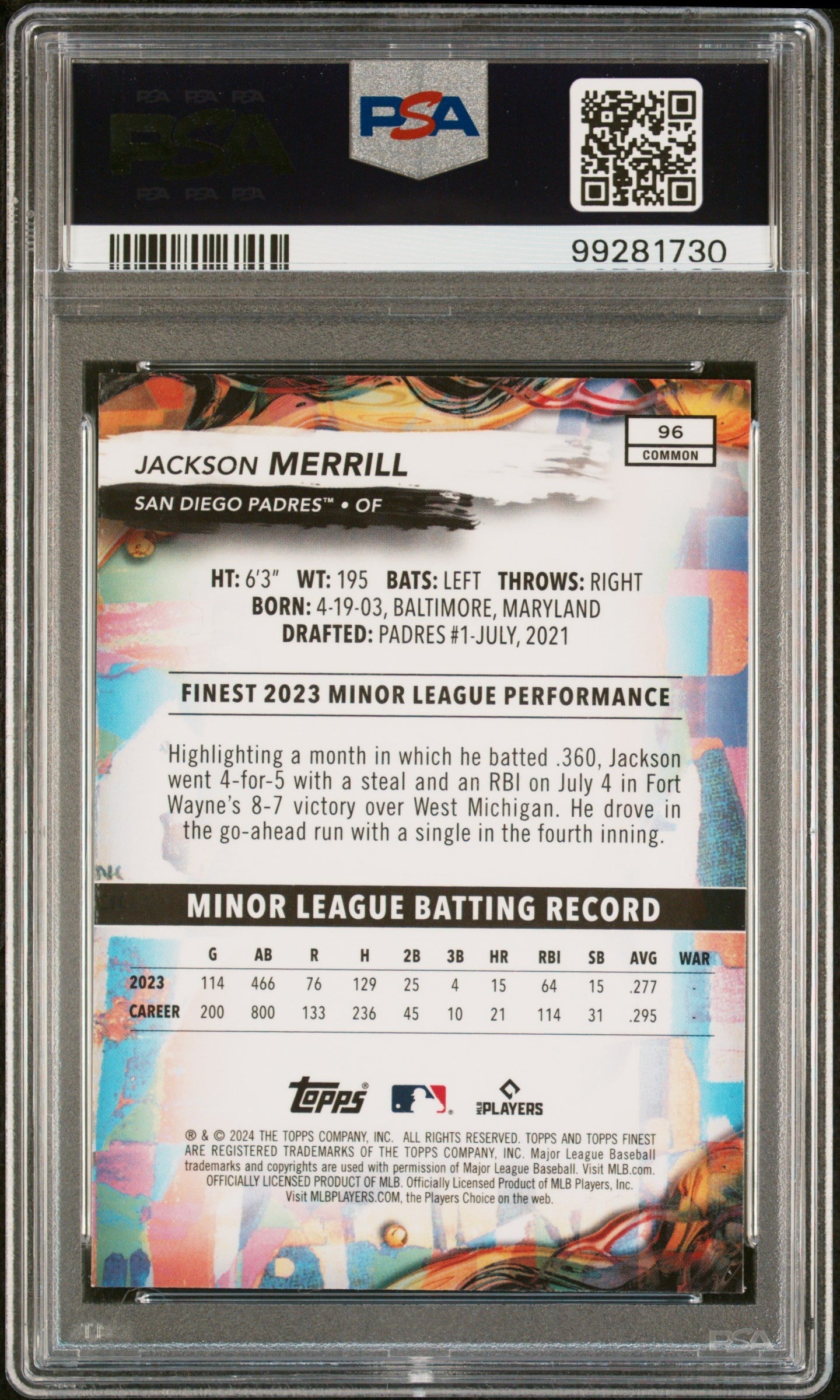 Graded 2024 Topps Finest Jackson Merrill #96 Rookie RC Baseball Card PSA 9 Mint