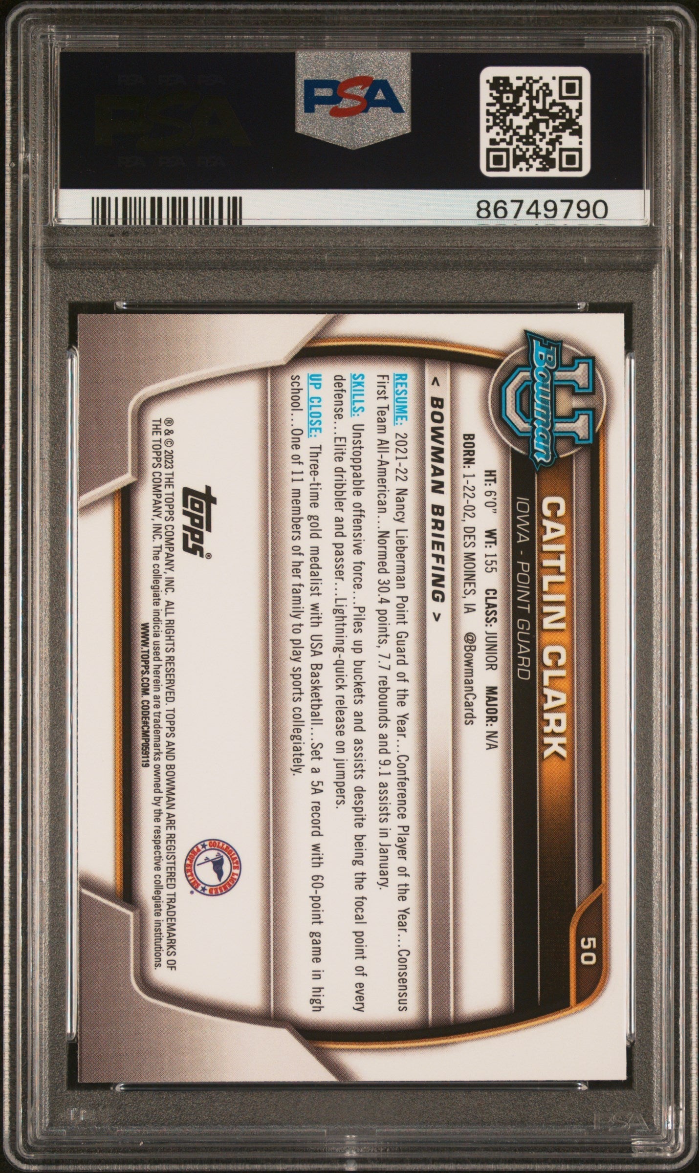 Graded 2022 Topps Bowman University Caitlin Clark #50 Rookie RC Basketball Card PSA 9 Mint