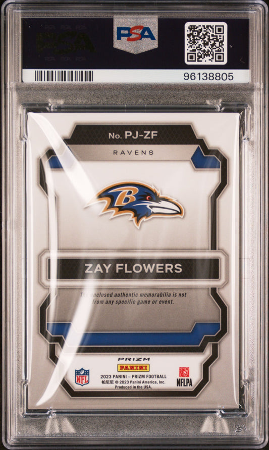 Graded 2023 Panini Prizm Zay Flowers #PJZF Premier Jersey Purple Pulsar Rookie RC Football Card PSA 10 Gem Mint