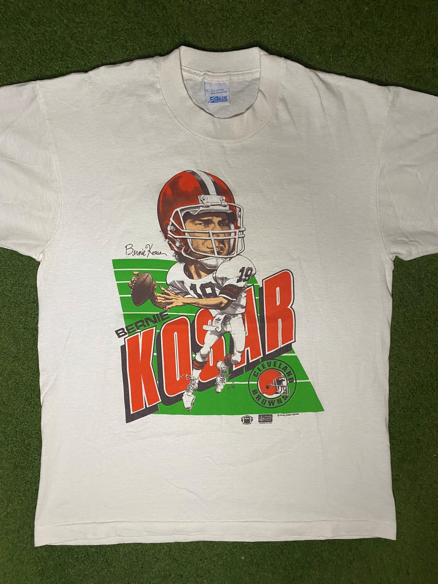 1987 克利夫兰布朗队 - 伯尼·科萨尔 - 复古 NFL 球员 T 恤(大码)