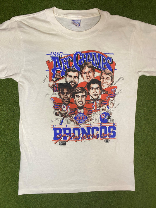 1987 Denver Broncos - Caricature Roster AFC Champs - Vintage NFL Player T-Shirt (Large)