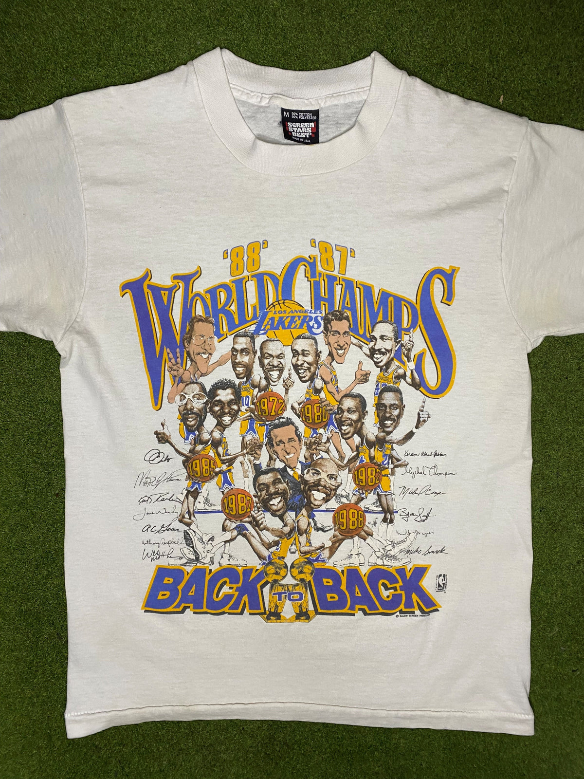 1988 Los Angeles Lakers - Back To Back World Champs - Vintage NBA T Shirt (Medium) - Gametime Vintage