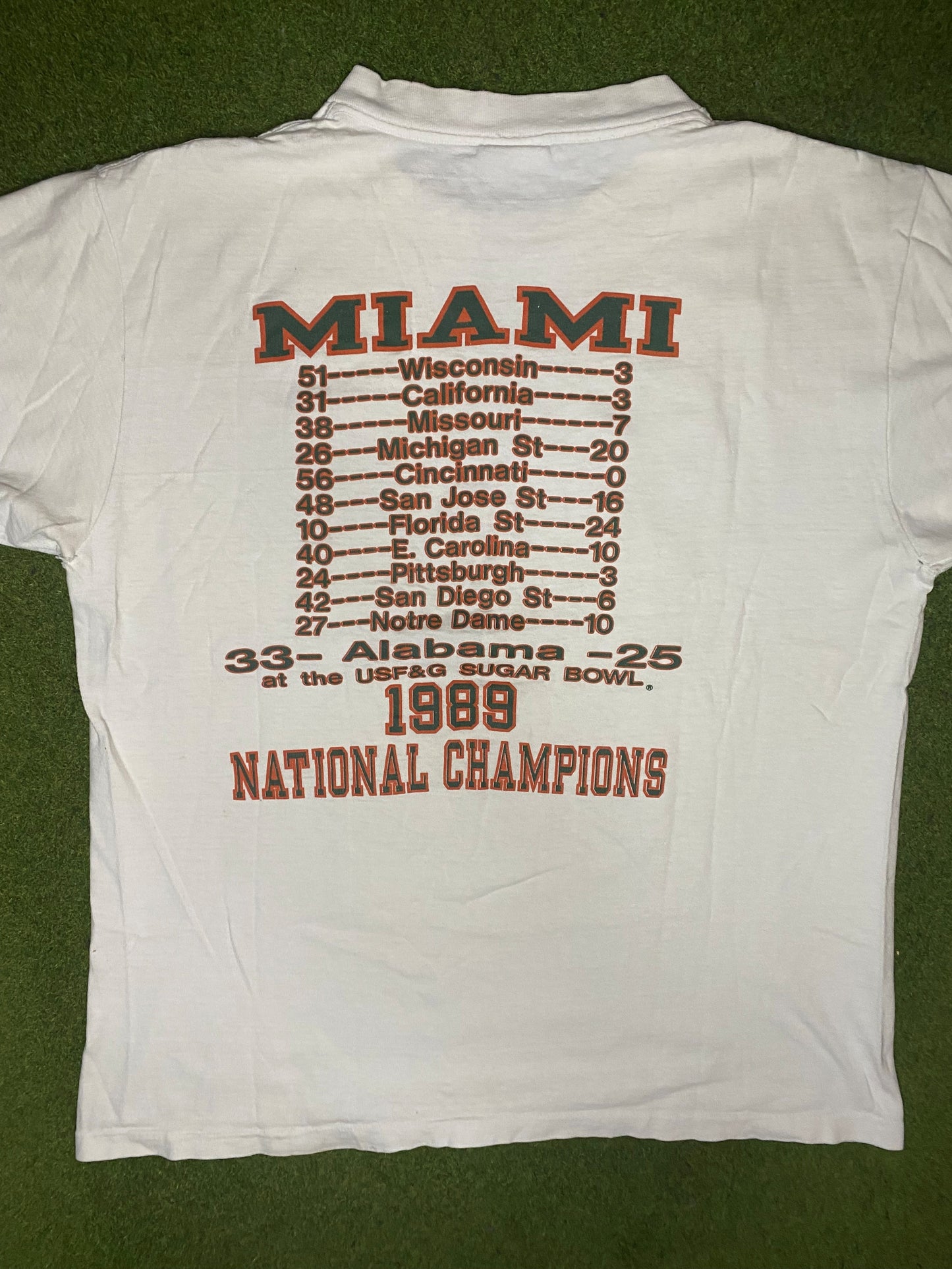 1989 Miami Hurricanes - National Champions - Vintage College T-Shirt (Large) - Gametime Vintage