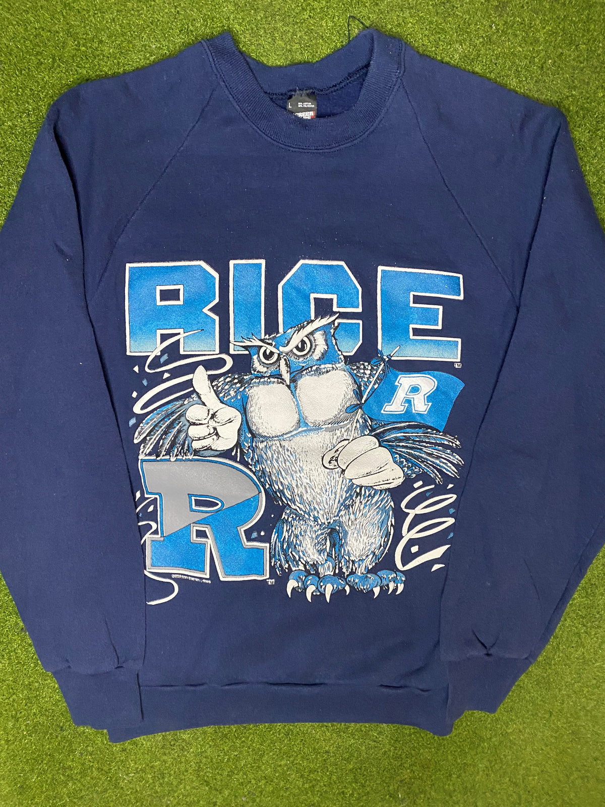 1989 Rice Owls - Vintage College Sweatshirt (Large) - Gametime Vintage