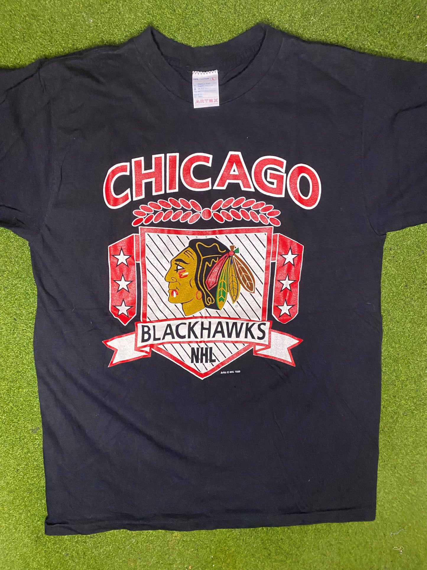 1990 Chicago Blackhawks - Vintage NHL T-Shirt (Large) - Gametime Vintage
