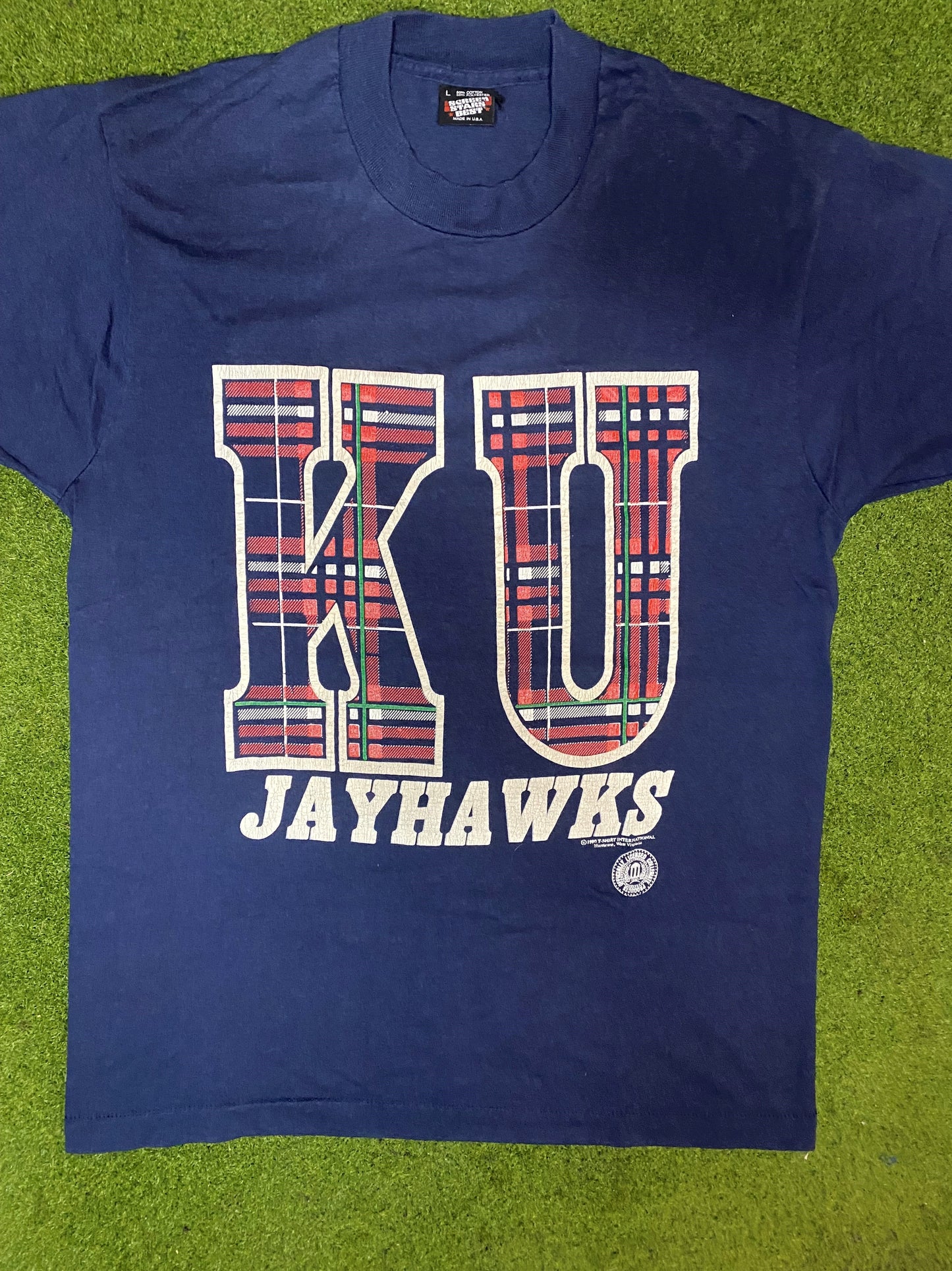 1990 Kansas Jayhawks - Vintage College T-Shirt (Large) - Gametime Vintage