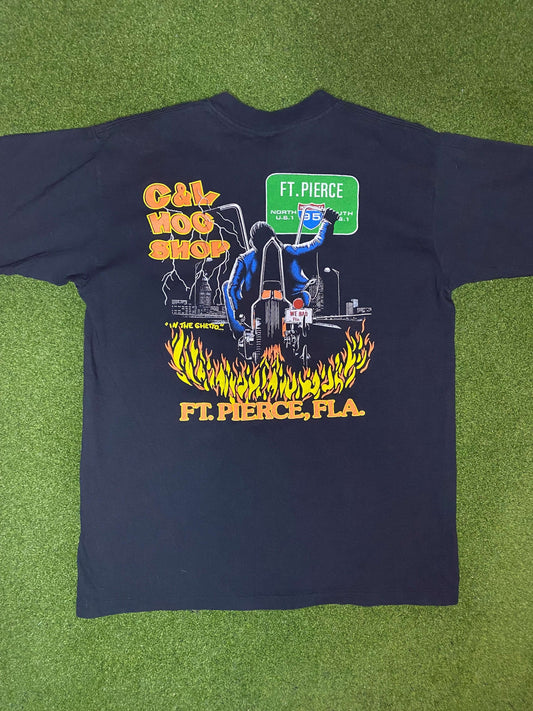 1991 Harley Davidson - Ft. Pierce, Florida - Double Sided - Vintage Harley Davidson Tee Shirt (Medium) - Gametime Vintage