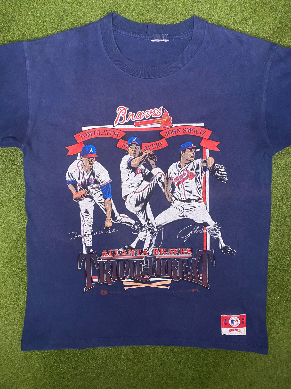 1992 Atlanta Braves - Amenaza Triple Ft. Glavine, Avery y Smoltz - Camiseta Vintage de Jugador de la MLB (Talla Grande)