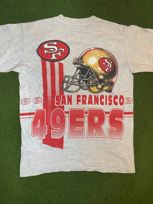 1993 San Francisco 49ers - Print All Over - Double Sided - Vintage NFL T-Shirt (Large) - Gametime Vintage