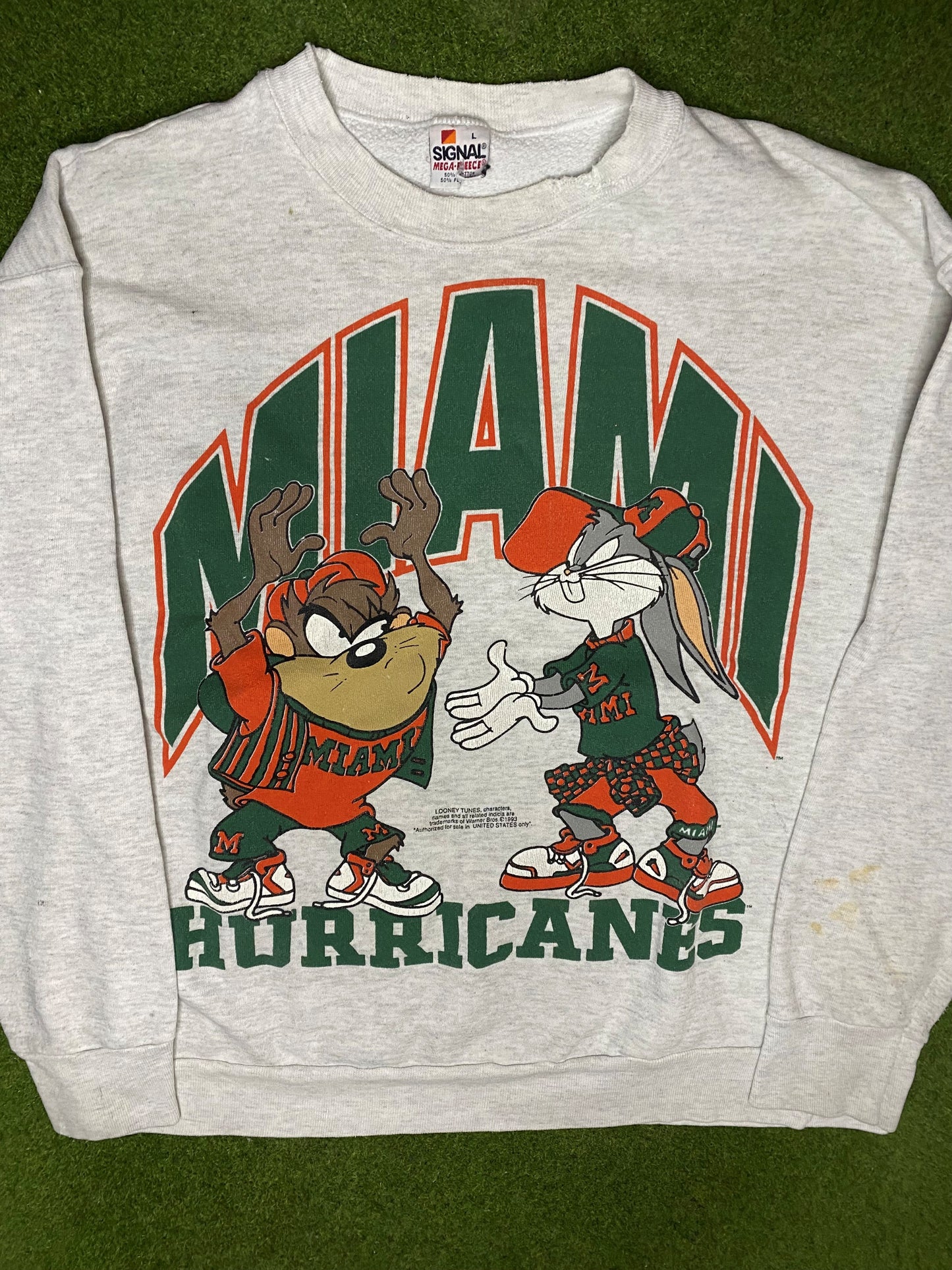 1993 Miami Hurricanes - Taz & Bugs - Vintage College Sweatshirt (Large) - Gametime Vintage