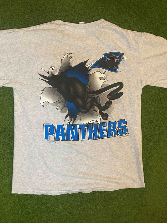 1993 Carolina Panthers - Break Thru - Double Sided - Vintage NFL T-Shirt (Large) - Gametime Vintage