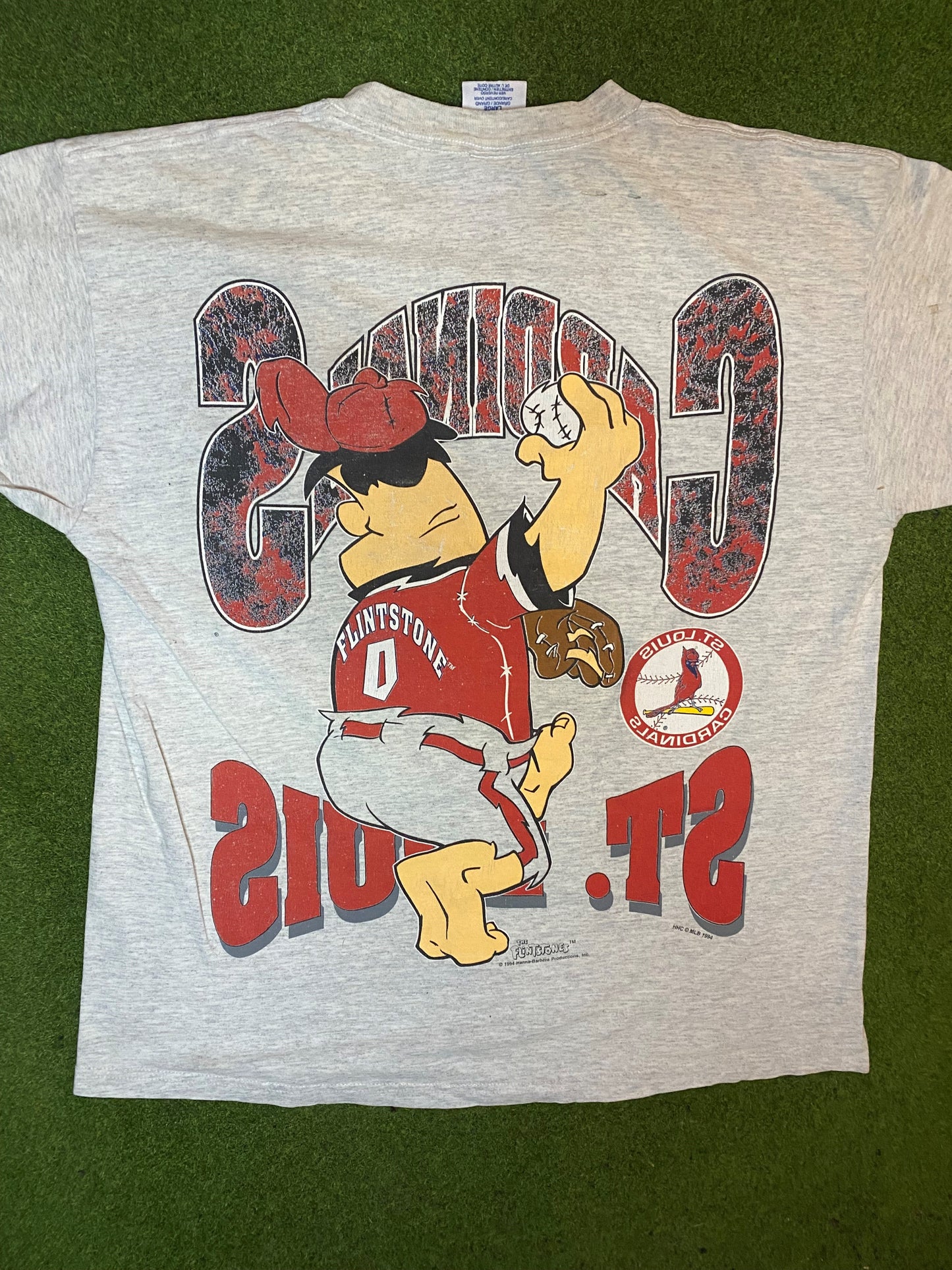 1994 St. Louis Cardinals - Flintstone Crossover - Double Sided - Vintage MLB T-Shirt (Large) - Gametime Vintage