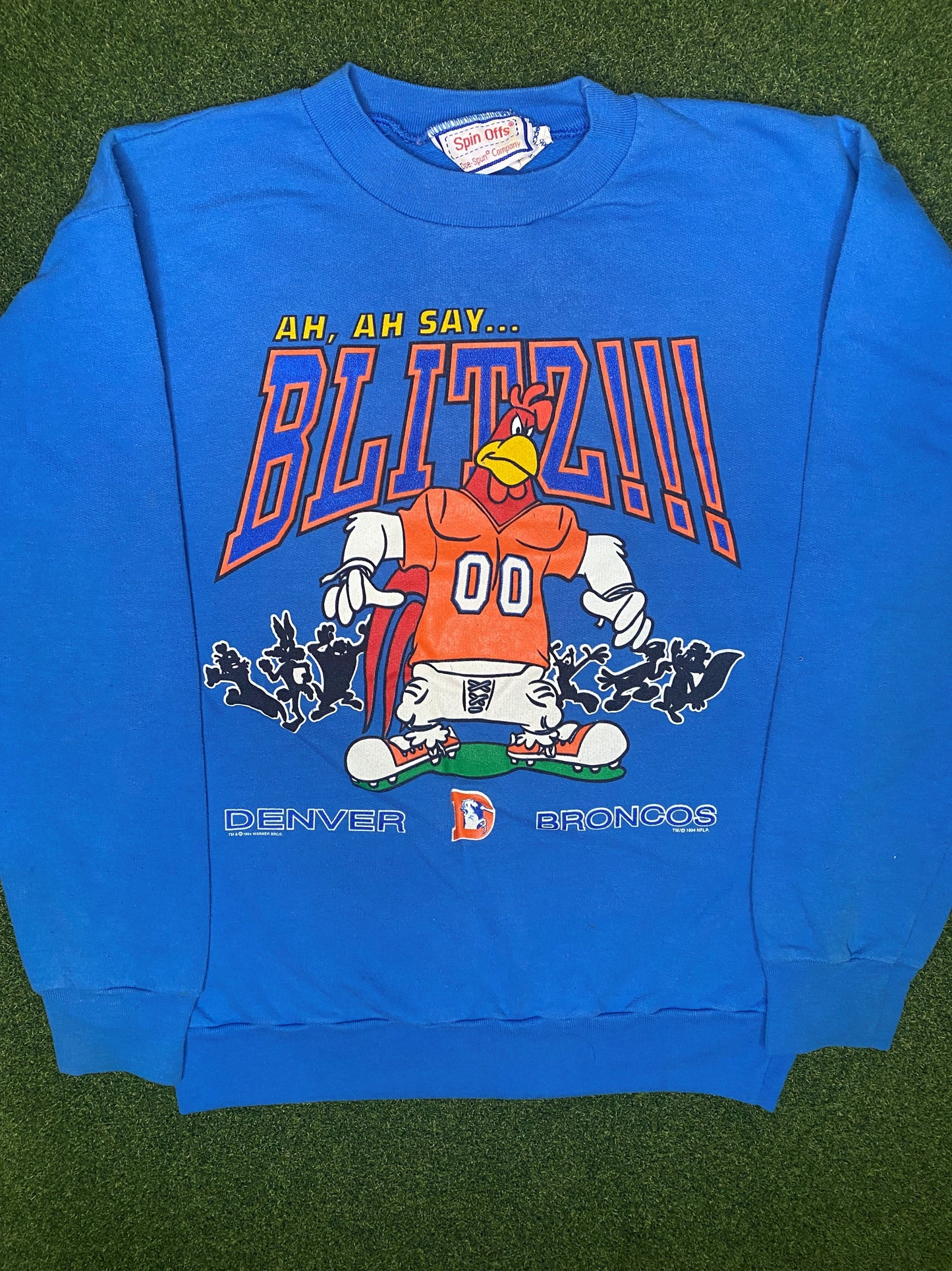 1994 Denver Broncos - Looney Tunes Dicen Blitz - Sudadera Vintage NFL (Talla Juvenil Grande)