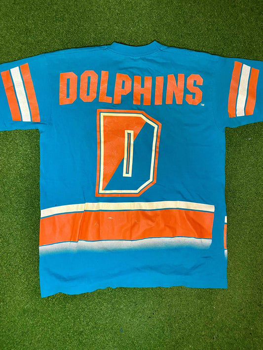 1994 Miami Dolphins - Print All Over - Double Sided - Vintage NFL Tee Shirt (Large) - Gametime Vintage