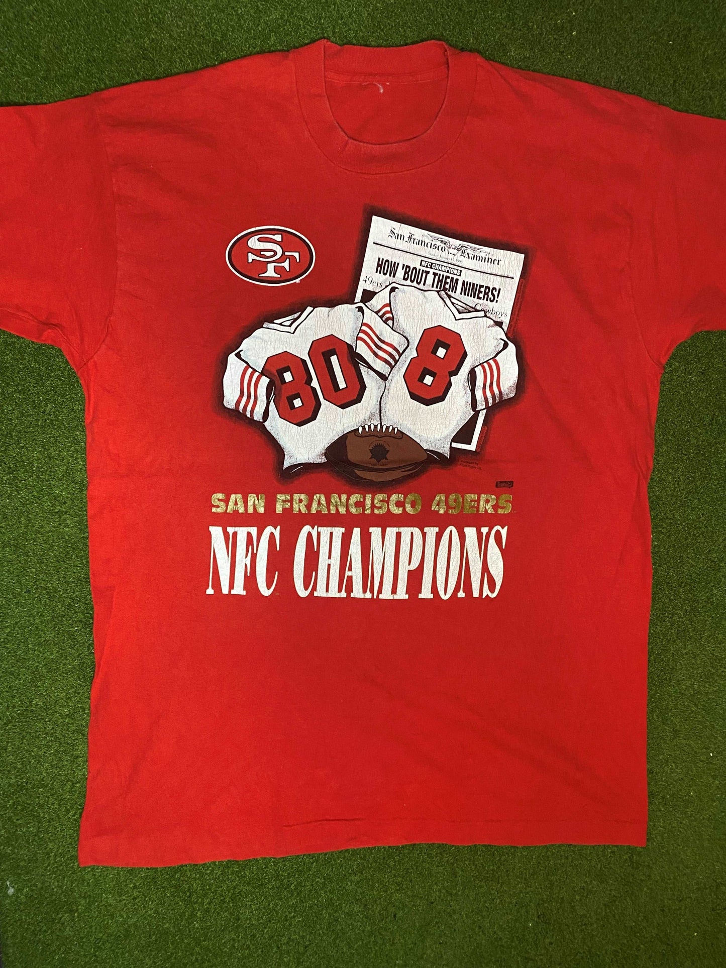 1995 San Francisco 49ers - NFC Champions - Steve Young and Jerry Rice - Vintage NFL T-Shirt (2XL) - Gametime Vintage