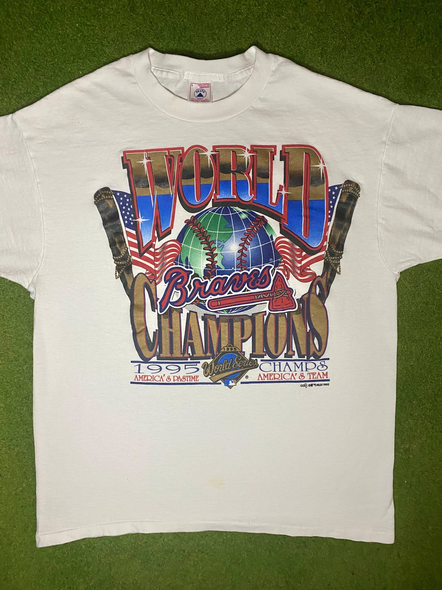 1995 Atlanta Braves - Campeones del Mundo - Camiseta Vintage MLB (Talla Grande)