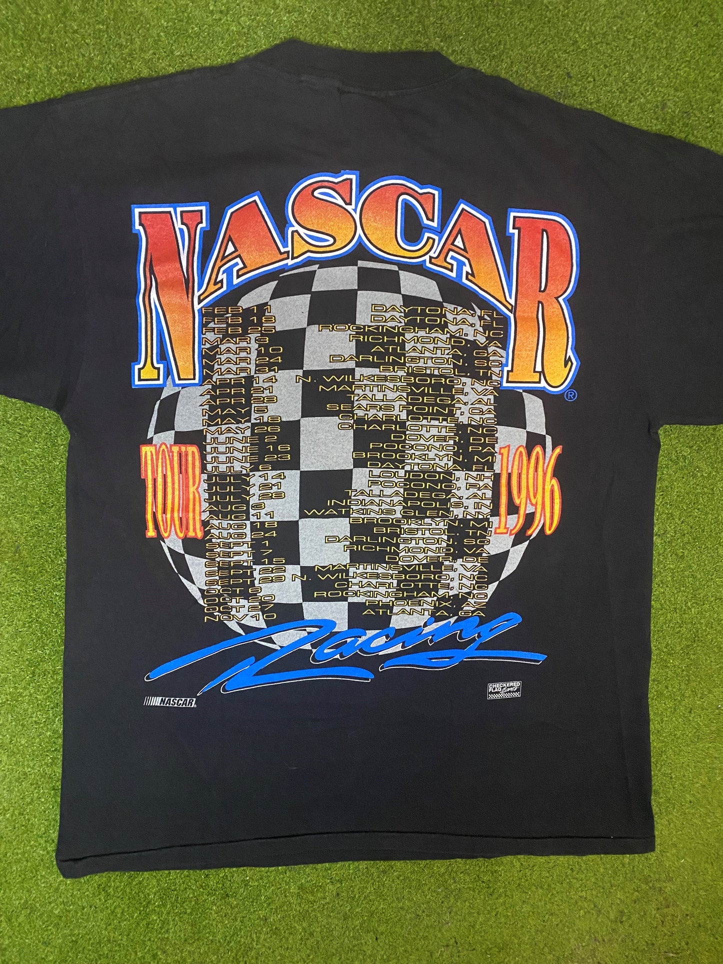 1996 NASCAR Tour - Where America Races - Double Sided - Vintage NASCAR T-Shirt (Large) - Gametime Vintage