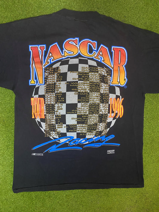 1996 NASCAR Tour - Where America Races - Double Sided - Vintage NASCAR T-Shirt (Large) - Gametime Vintage