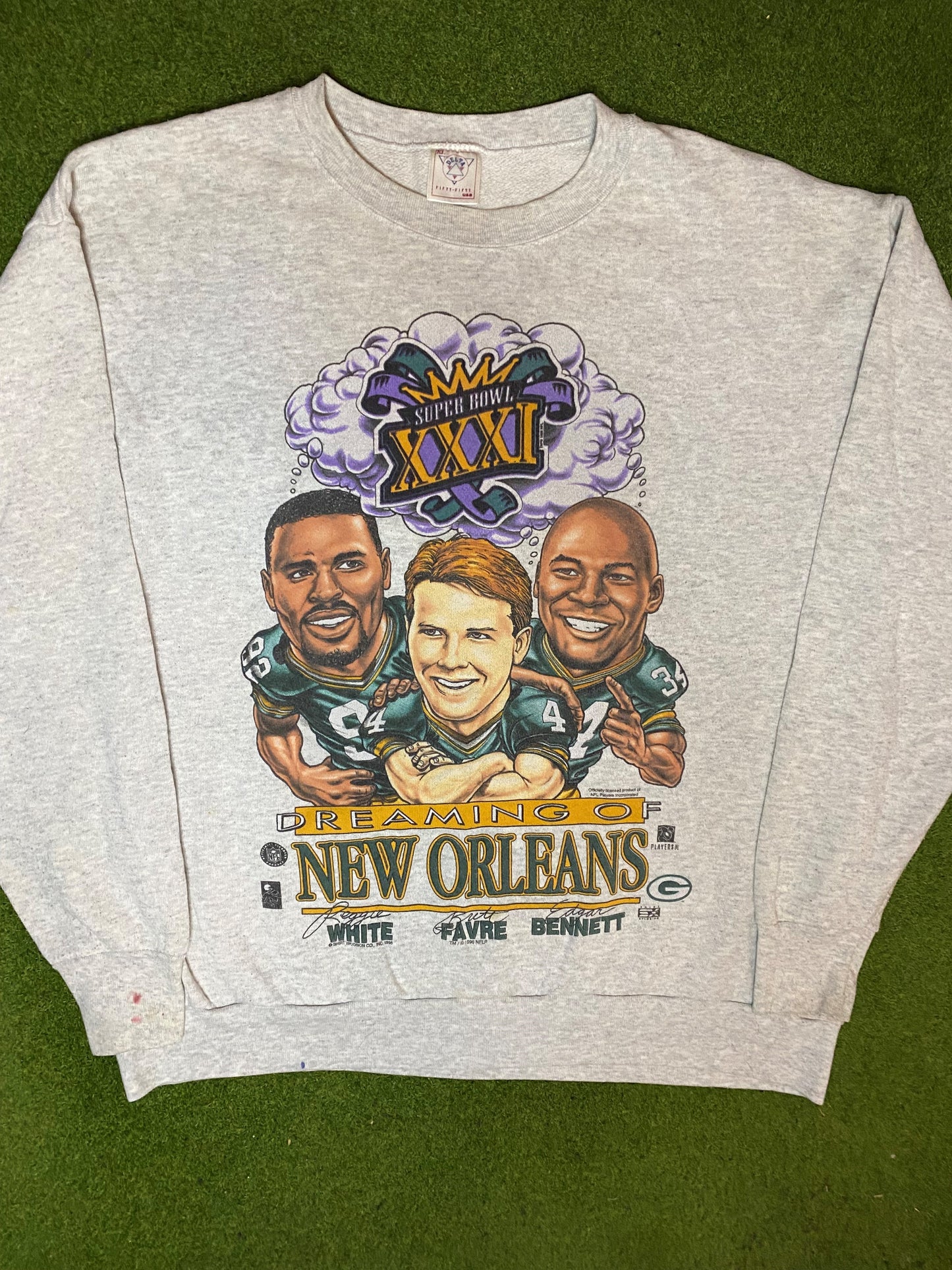 1996 Green Bay Packers - Reggie White and Brett Favre Caricature - Vintage NFL Player Sweatshirt (XL) - Gametime Vintage
