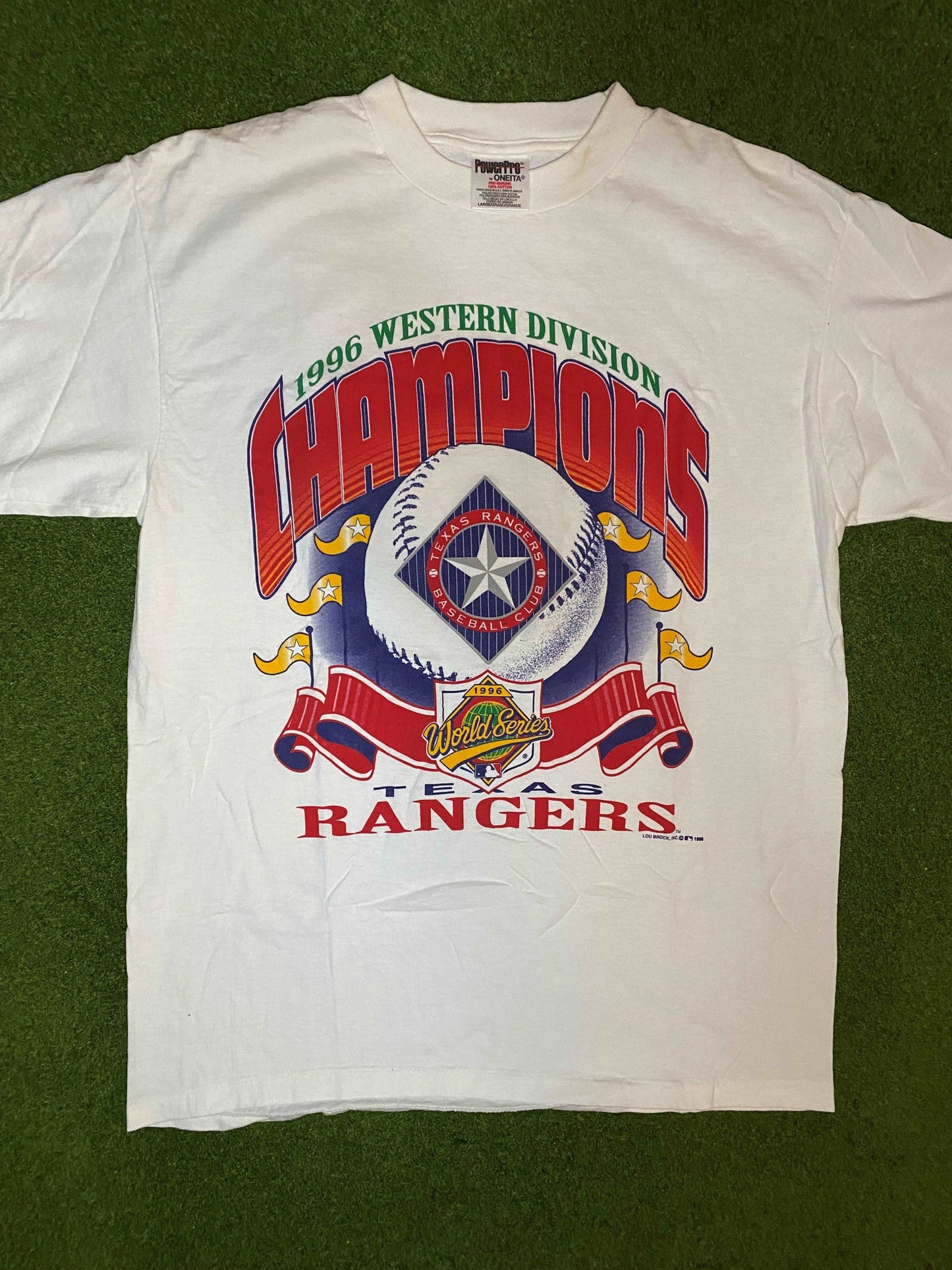 1996 Texas Rangers - Western Div Champs - Vintage MLB T-Shirt (Large) - Gametime Vintage