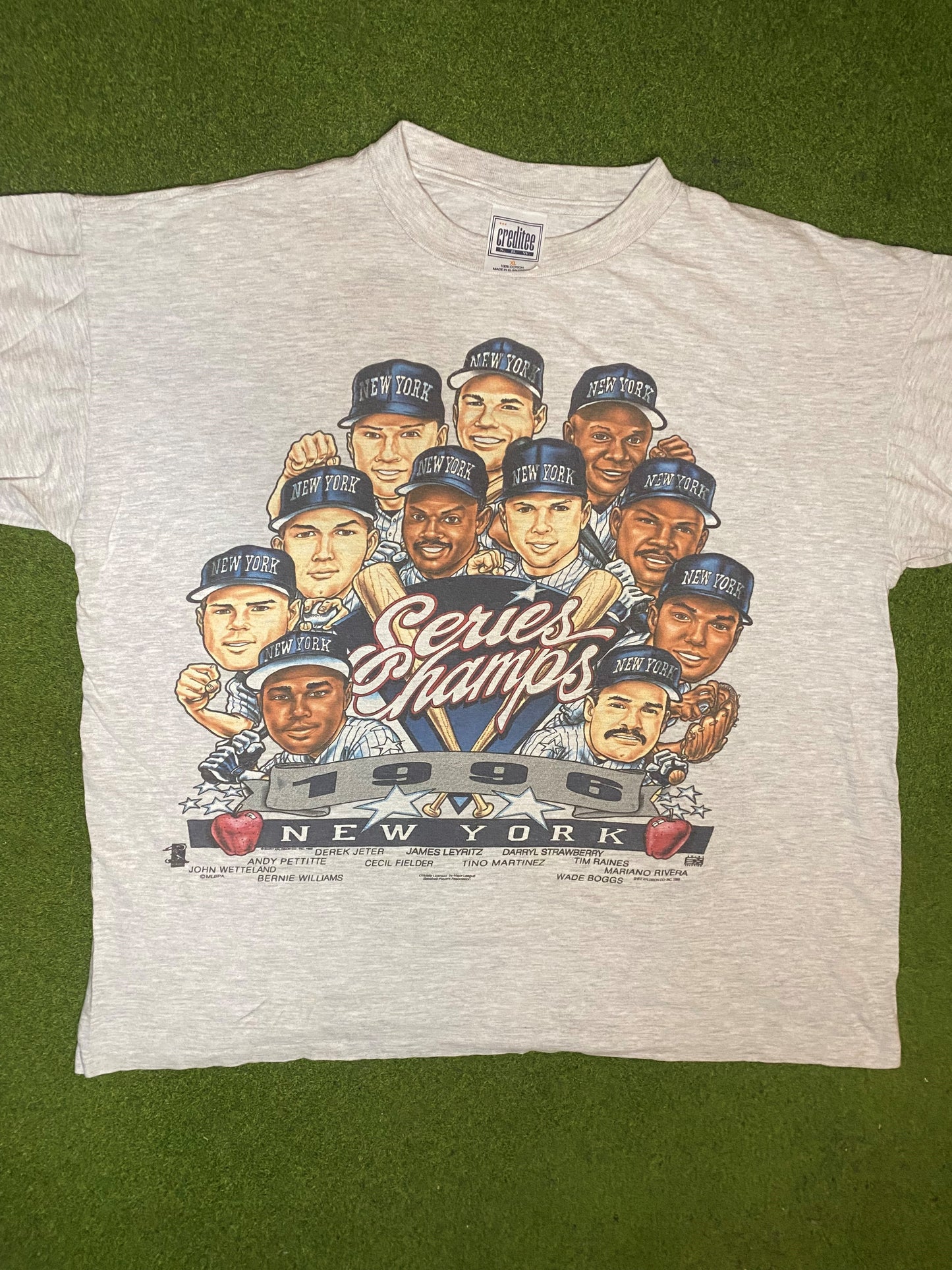1996 New York Yankees - World Series Roster Caricature - Vintage MLB T-Shirt (XL) - Gametime Vintage