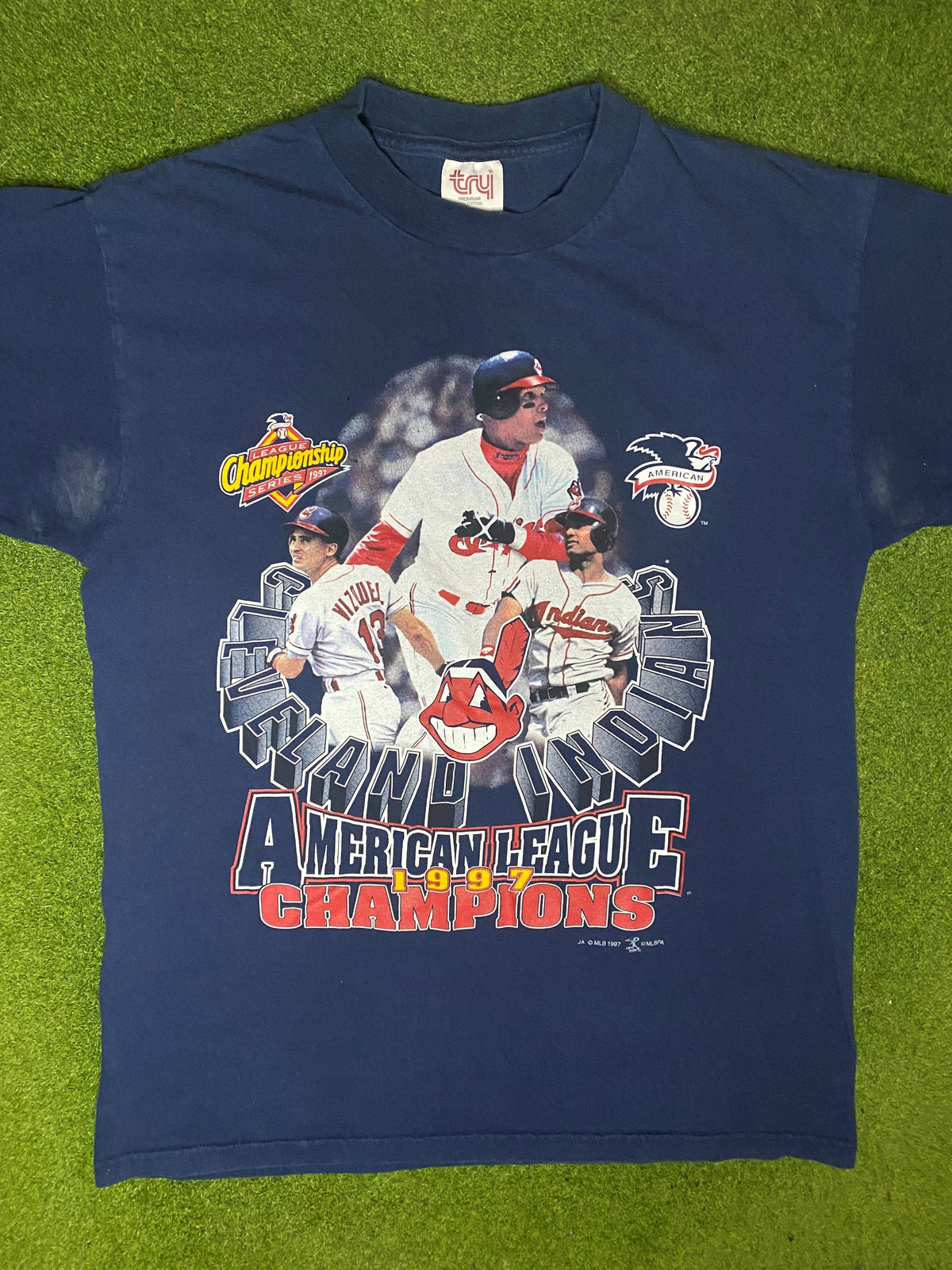 1997 Cleveland Indians - AL Champions - Vintage MLB Player T Shirt (Large) - Gametime Vintage