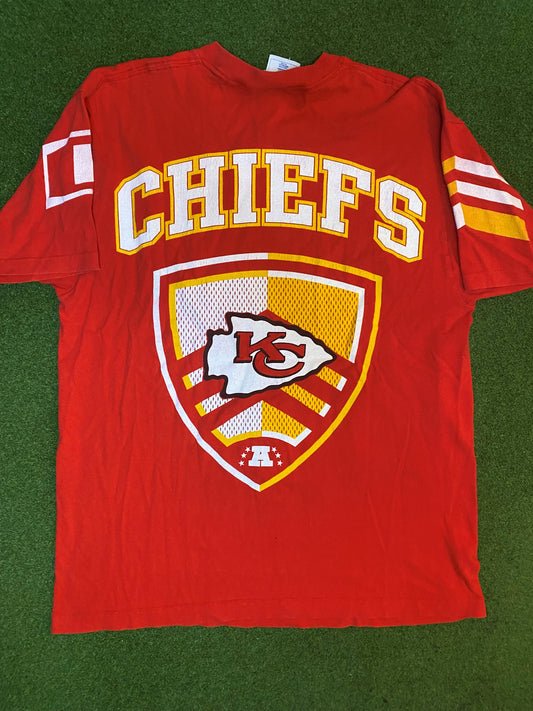 1997 Kansas City Chiefs - Print All Over - Double Sided - Vintage NFL T-Shirt (Large) - Gametime Vintage