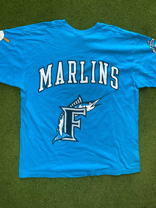 1997 Florida Marlins - Print All Over - Double Sided - Vintage MLB T-Shirt (XL) - Gametime Vintage