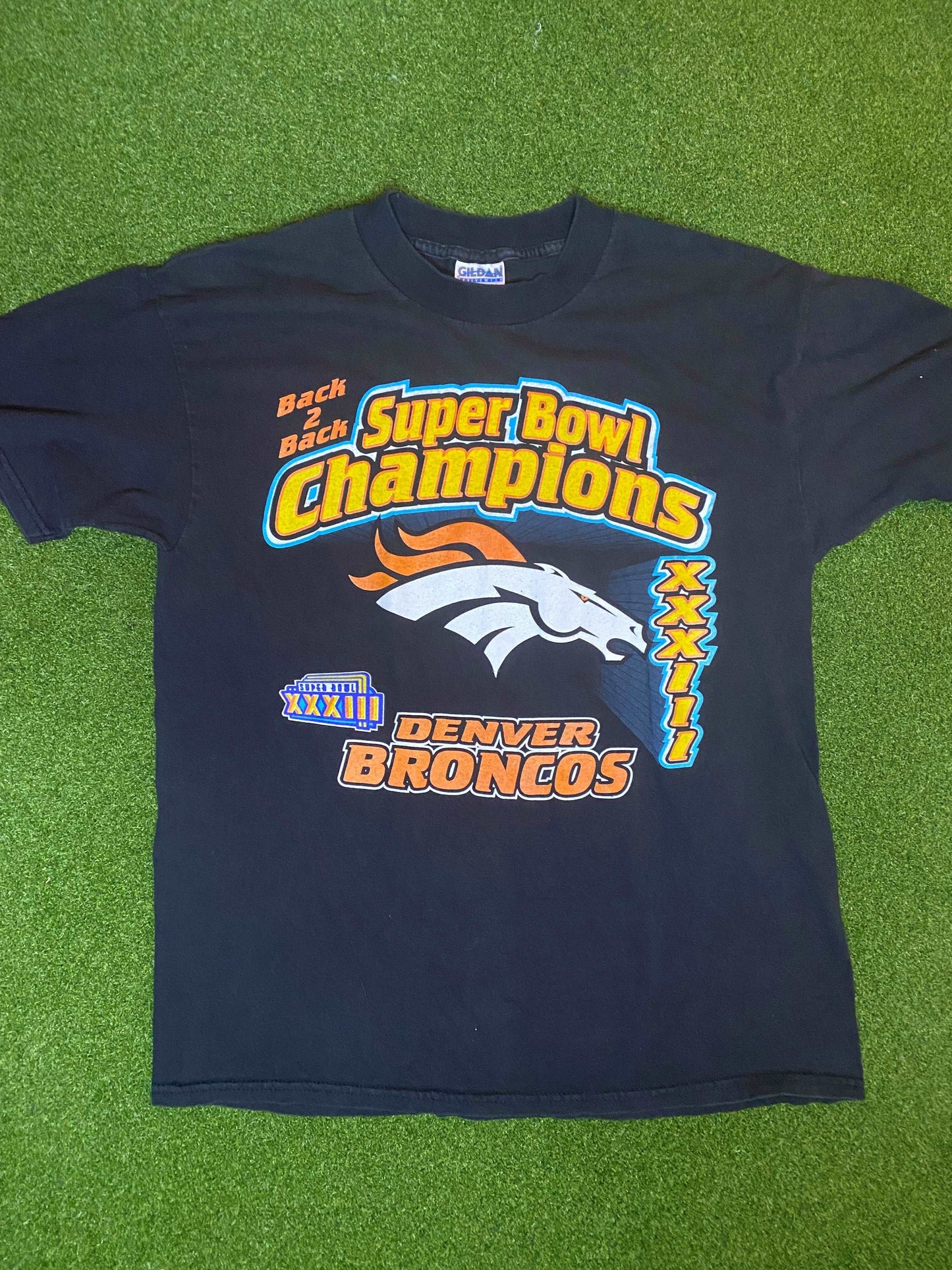 1999 Denver Broncos - Super Bowl XXXIII Champs - Vintage NFL Tee Shirt (Large) - Gametime Vintage