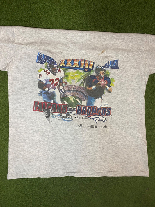 1999 Super Bowl XXXIII - Falcons vs. Broncos Ft. Jamal Anderson and John Elway - Vintage NFL T-Shirt (XL) - Gametime Vintage