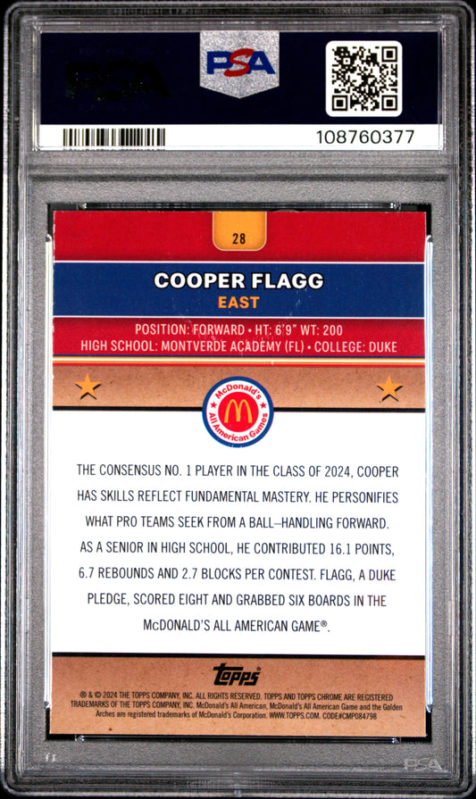 Graded 2024 Topps McDonalds Chrome Cooper Flagg #28 Blue Raywave Rookie RC Basketball Card PSA 10 Gem Mint