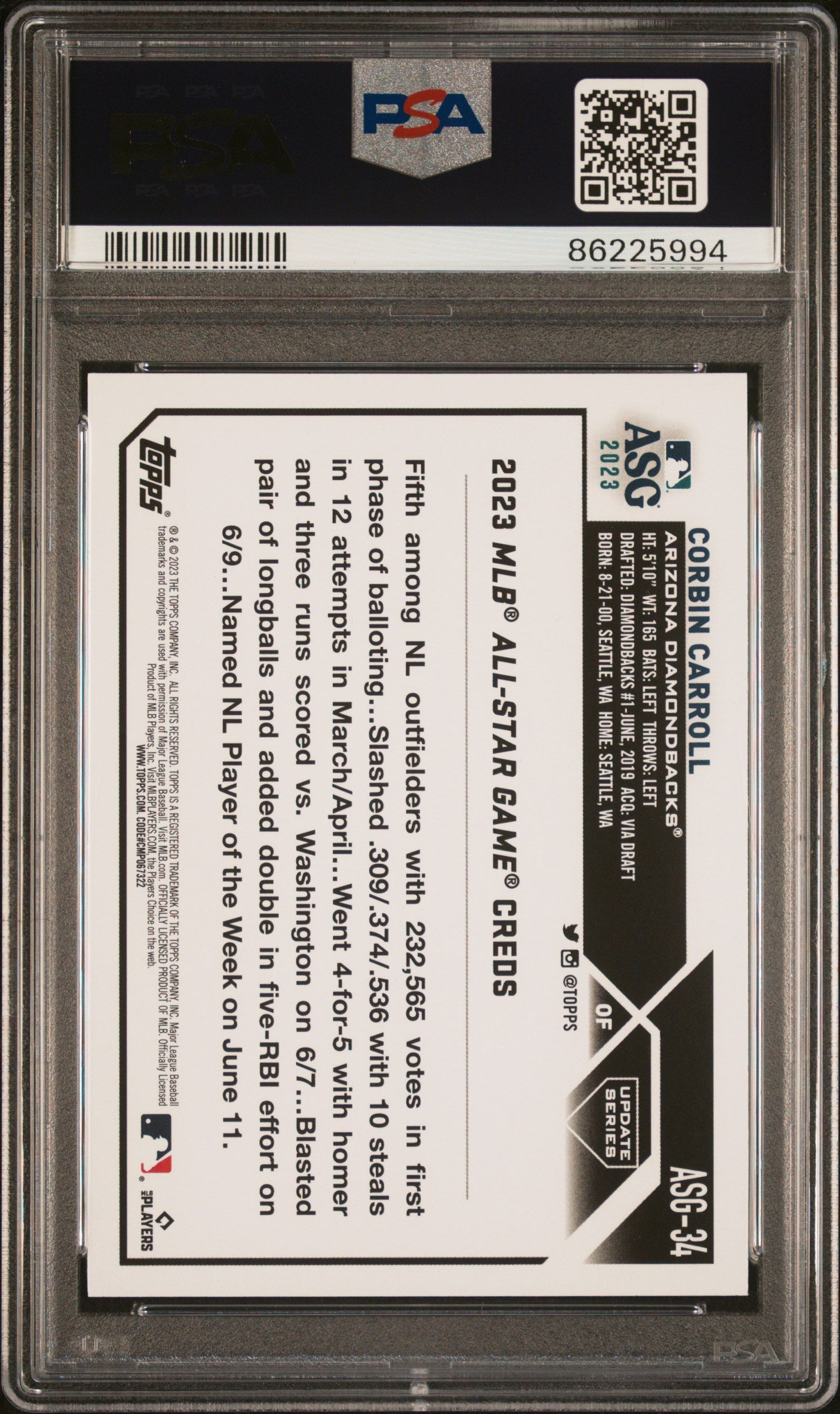 Graded 2023 Topps Update Corbin Carroll #ASG34 All Star Game Rookie RC Baseball Card PSA 10 Gem Mint