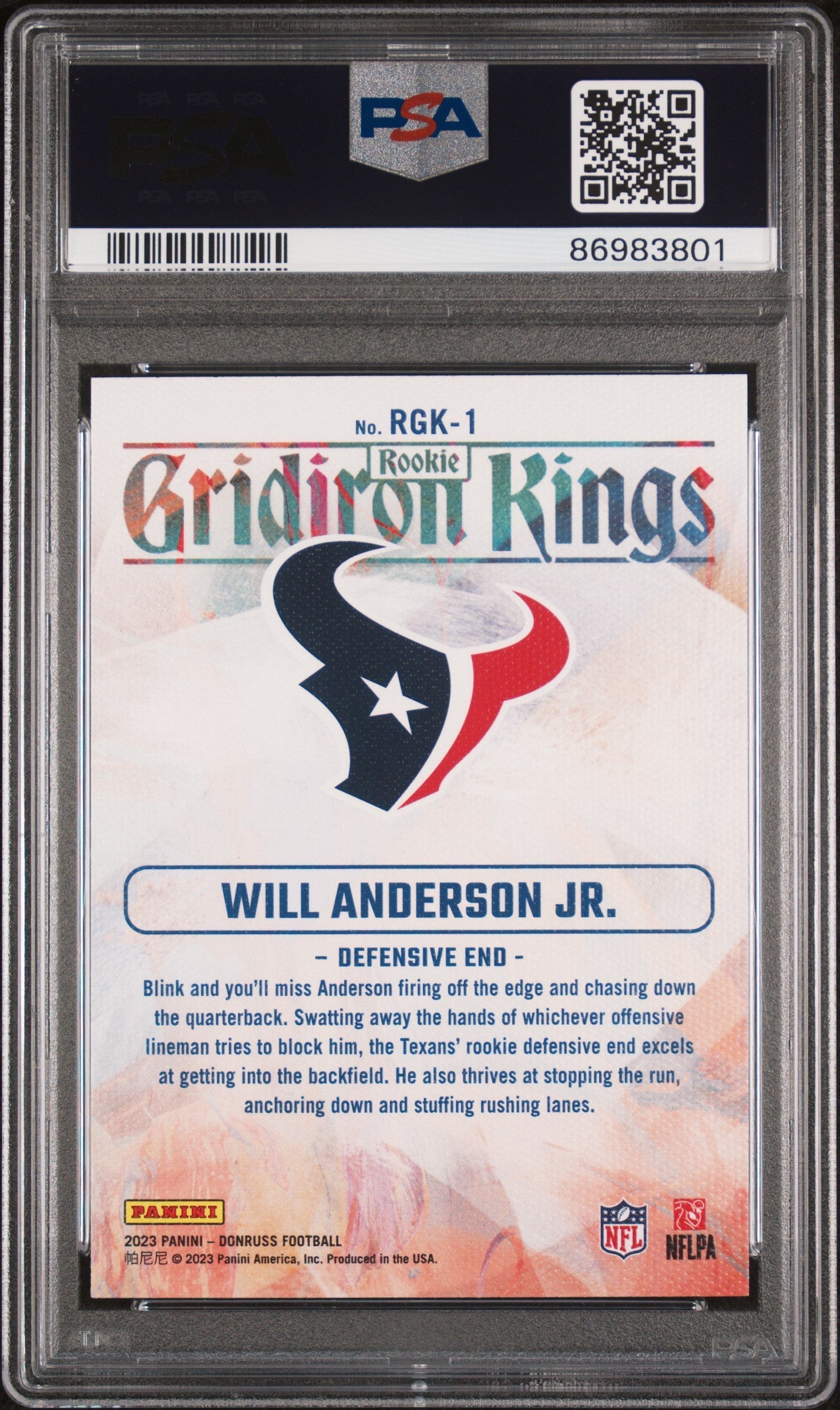 Graded 2023 Panini Donruss Will Anderson #RGK1 Rookie Gridiron Kings Rookie RC Football Card PSA 10 Gem Mint