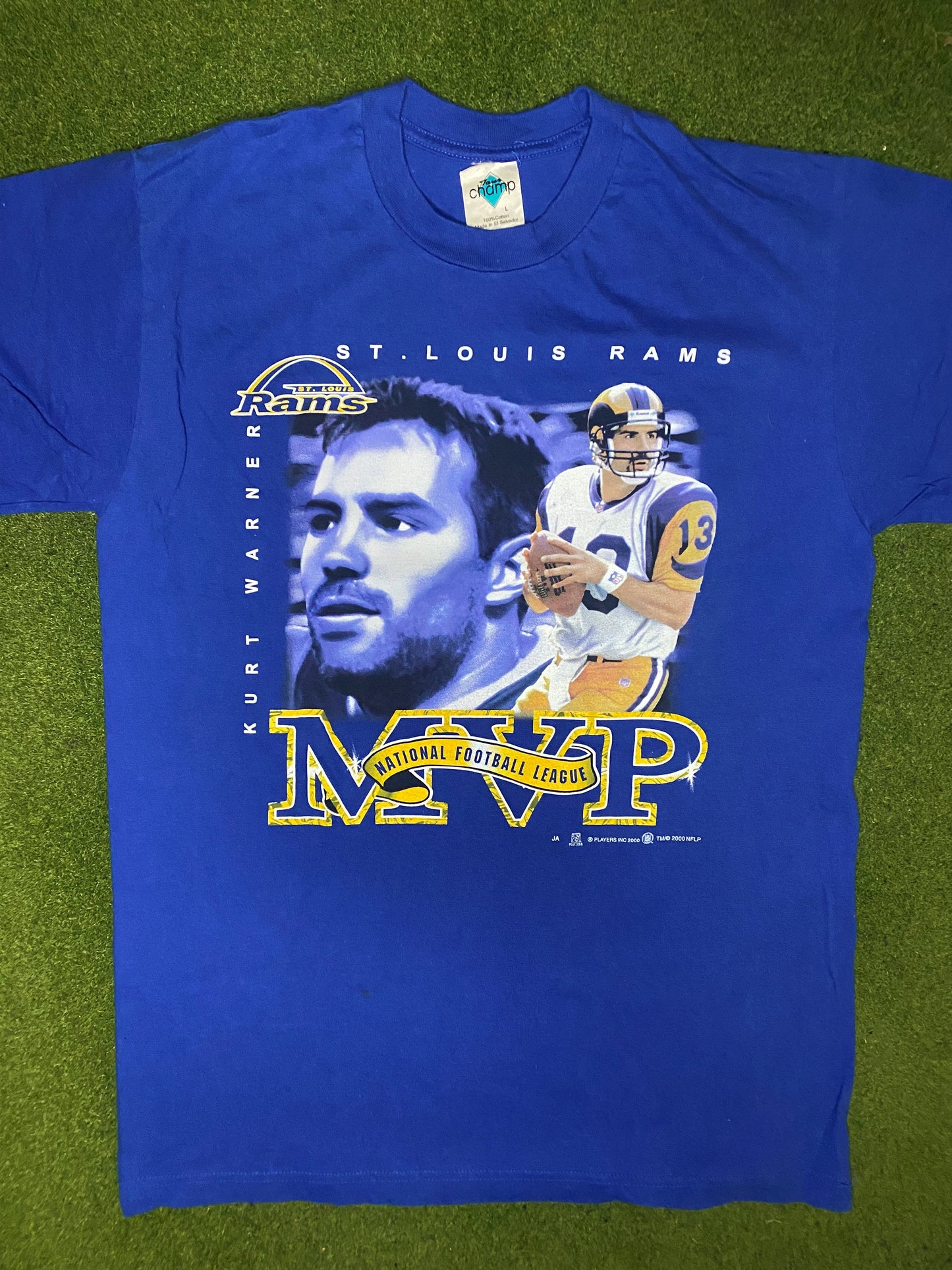 2000 St. Louis Rams - Kurt Warner MVP - Vintage NFL Player T-Shirt (Large) - Gametime Vintage