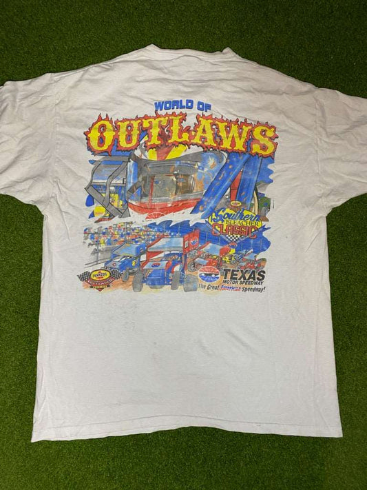 2001 World of Outlaws - Double Sided - Texas Motor Speedway - Vintage Racing Tee Shirt (Large) - Gametime Vintage