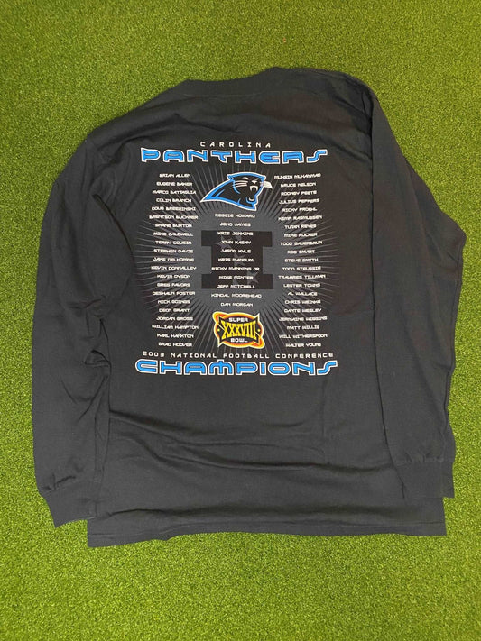 2003 Carolina Panthers - NFC Champions Ft. Julius Peppers - Double Sided Vintage NFL Long-Sleeve Shirt (Medium) - Gametime Vintage