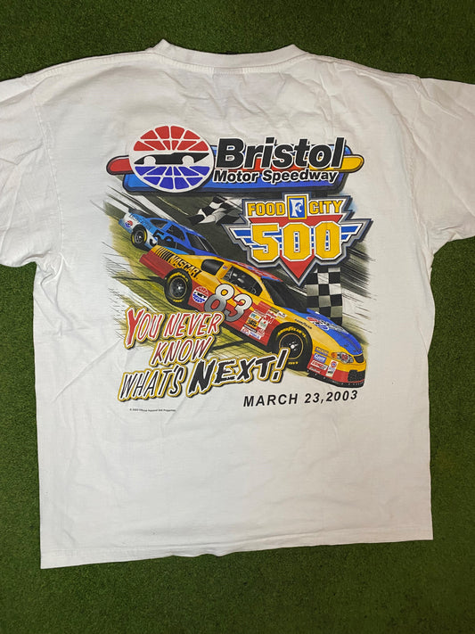 2003 Bristol Motor Speedway - Food City 500 - Double Sided - Vintage NASCAR Tee (Large) - Gametime Vintage