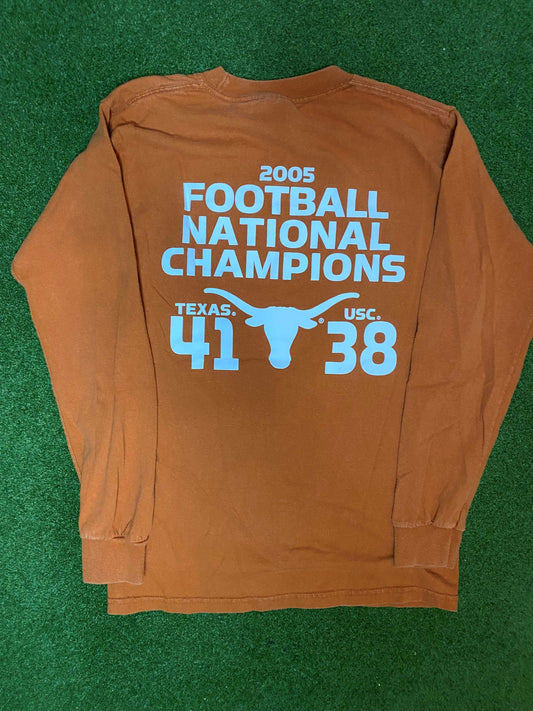 2005 Texas Longhorns - National Champions - Double Sided - Vintage College Football Long Sleeve (Small) - Gametime Vintage