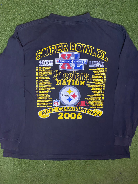 2006 Pittsburgh Steelers - Super Bowl XL - Double Sided - Vintage NFL Long Sleeve (2XL) - Gametime Vintage