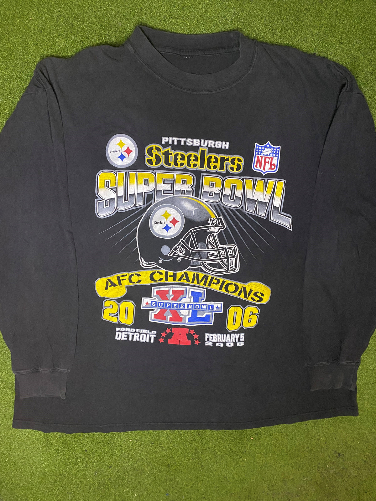 2006 Pittsburgh Steelers - Super Bowl XL - Double Sided - Vintage NFL Long Sleeve (2XL) - Gametime Vintage
