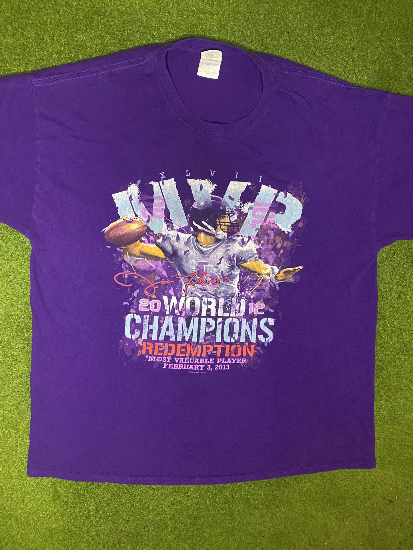 2013 Baltimore Ravens - World Champions - Joe Flacco MVP - Vintage NFL T-Shirt (XL) - Gametime Vintage