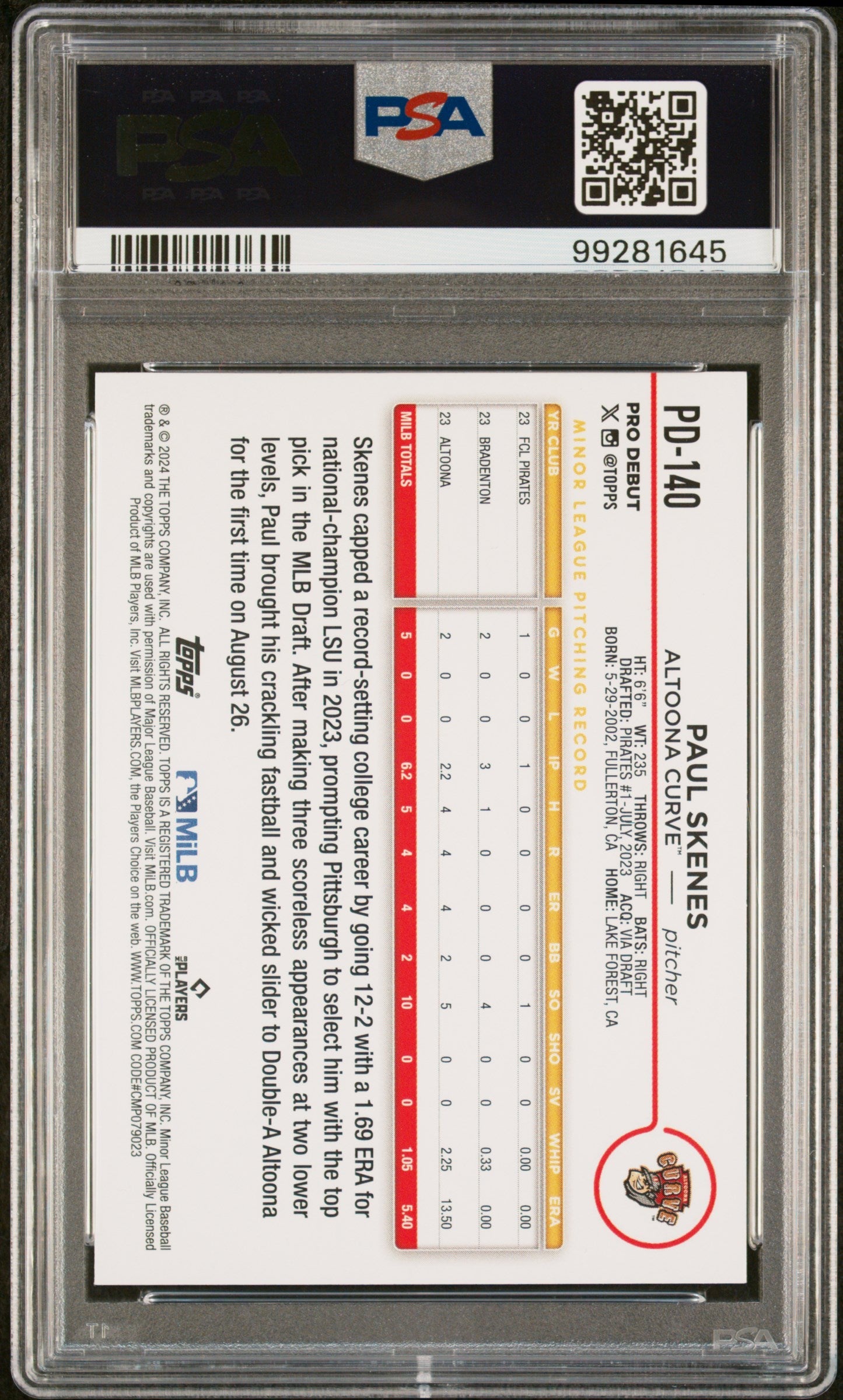 Graded 2024 Topps Pro Debut Paul Skenes #PD140 Rookie RC Baseball Card PSA 10 Gem Mint
