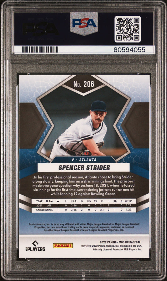 Graded 2022 Panini Mosaic Spencer Strider #206 Rookie RC Baseball Card PSA 10 Gem Mint