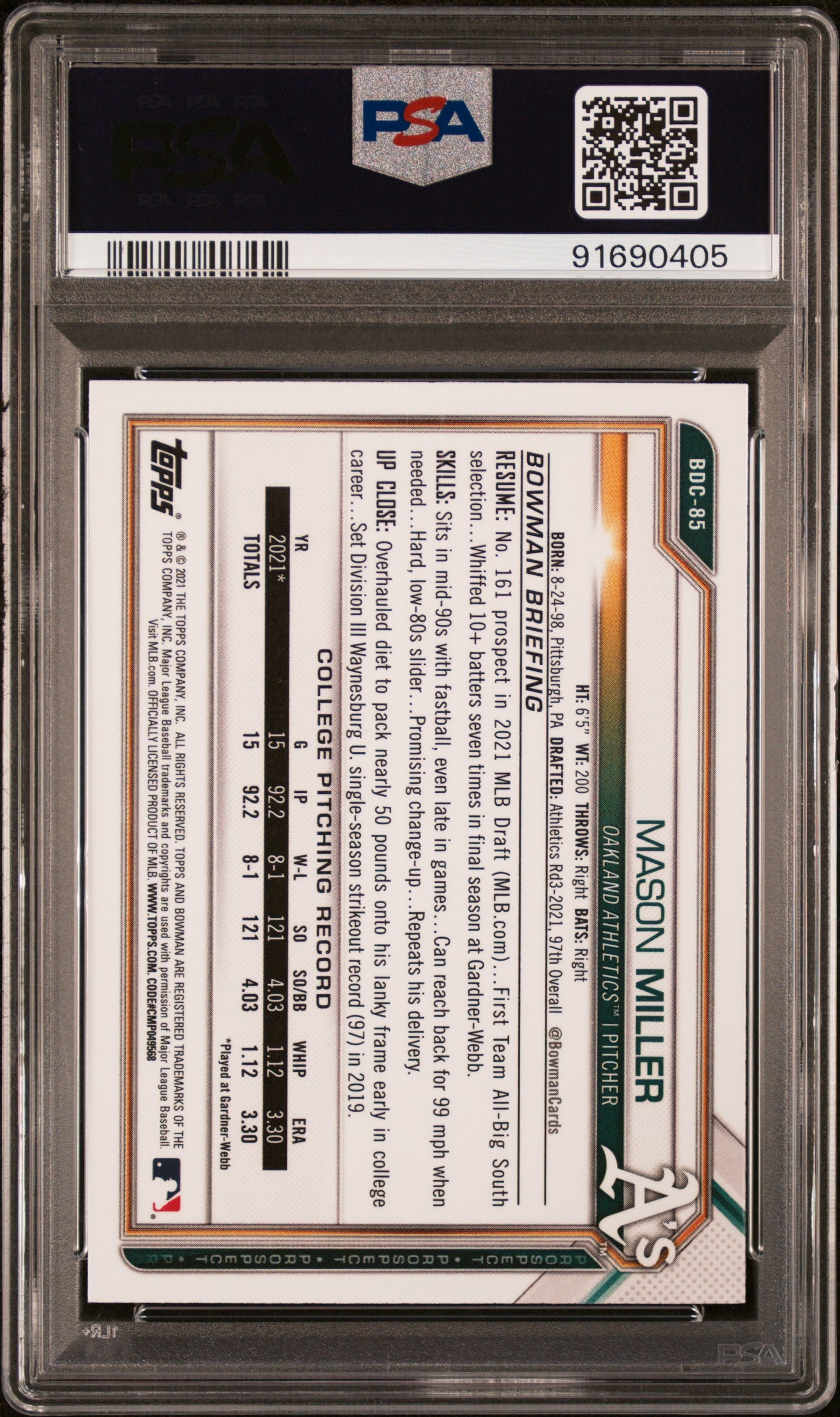 Graded 2021 Topps Bowman Draft Mason Miller #BDC85 Chrome Rookie RC Baseball Card PSA 10 Gem Mint